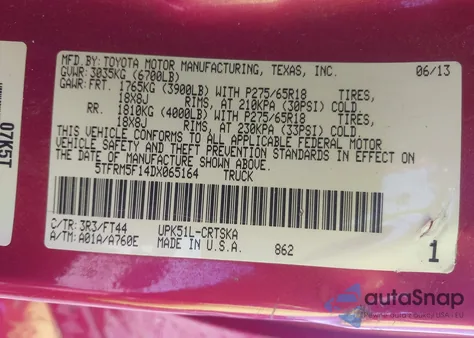 2013 Toyota Tundra Grade 4.6L V8 из США, поврежденный, VIN 5TFRM5F14DX065164